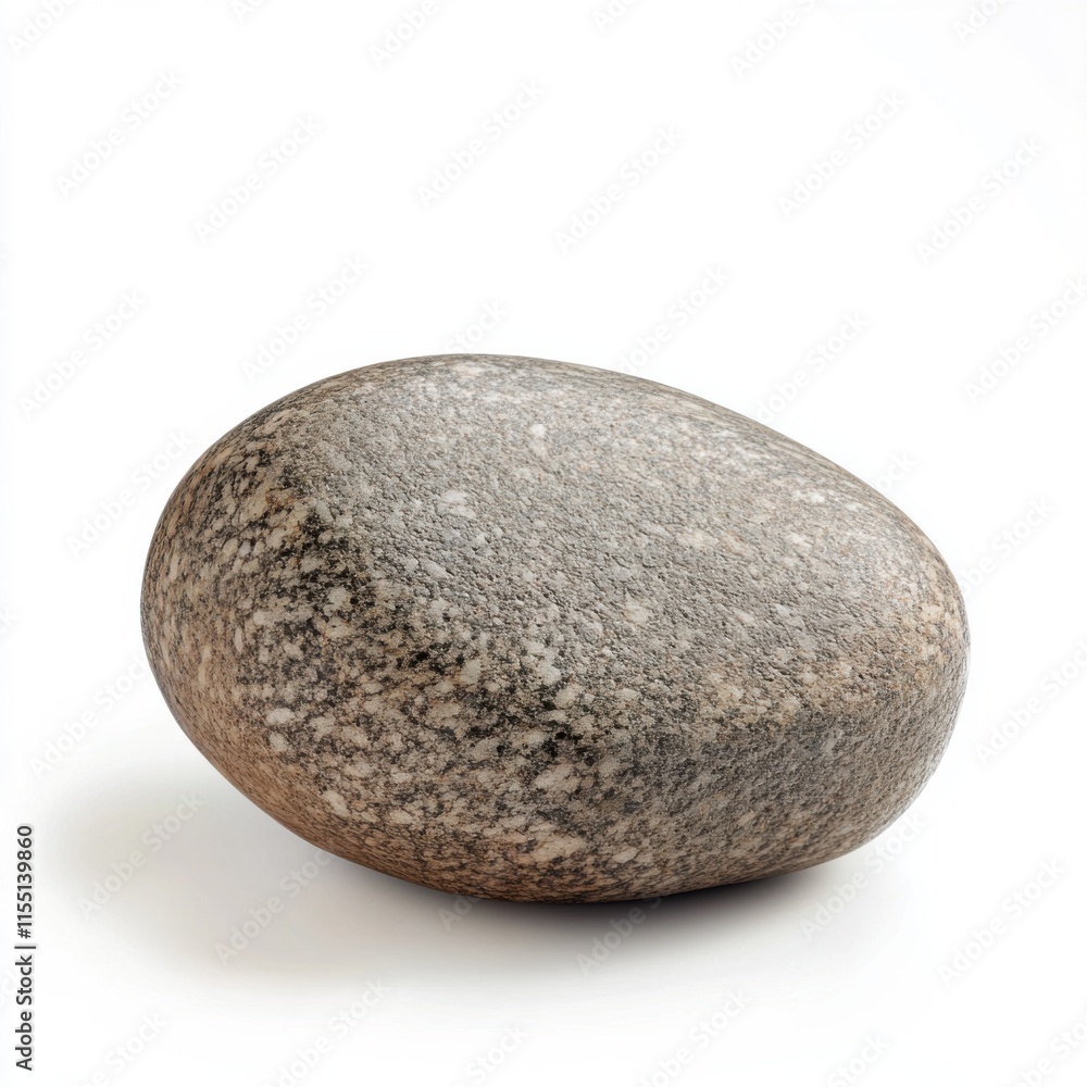 Grey river stone with a smooth texture and rounded shape placed on a white surface Grey river stone with a smooth texture and rounded shape placed on a white surface