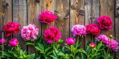 Fototapeta Naklejka Na Ścianę i Meble -  Vibrant peonies against a rustic wooden fence , botanicals, rustic,  botanicals, rustic, garden, wood, peonies