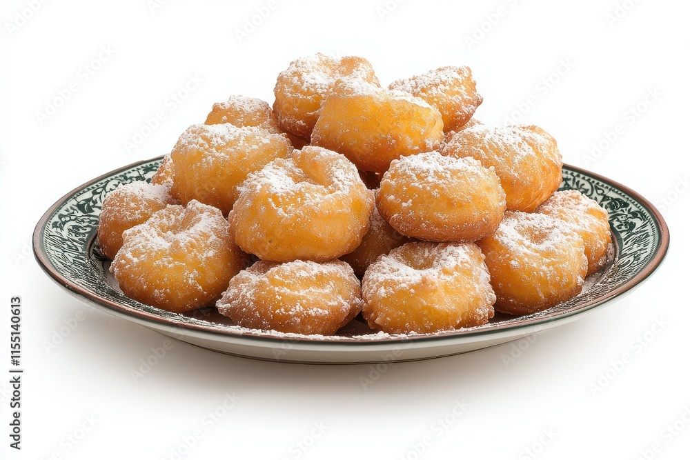Delicious Powdered Sugar Doughnuts on Ornate Plate Delicious Powdered Sugar Doughnuts on Ornate Plate