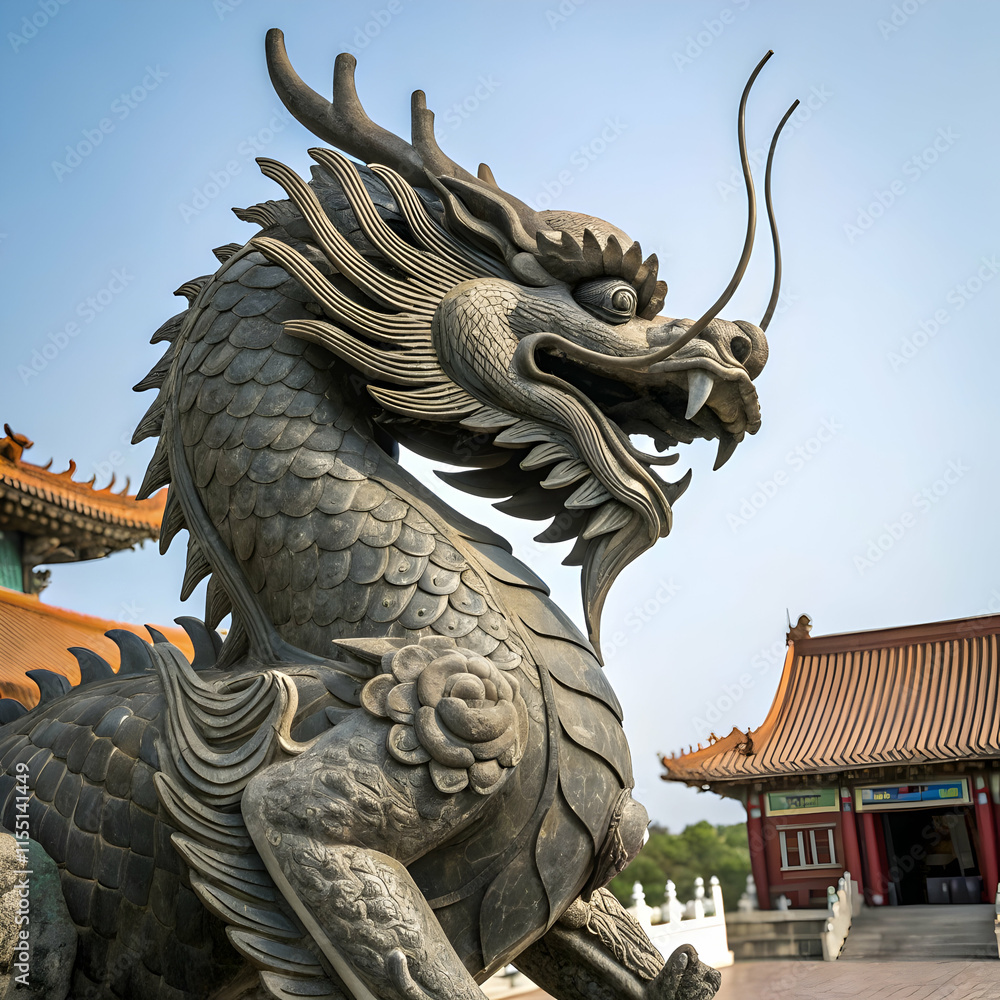A weathered, intricately carved stone dragon statue stands majestically. A weathered, intricately carved stone dragon statue stands majestically.