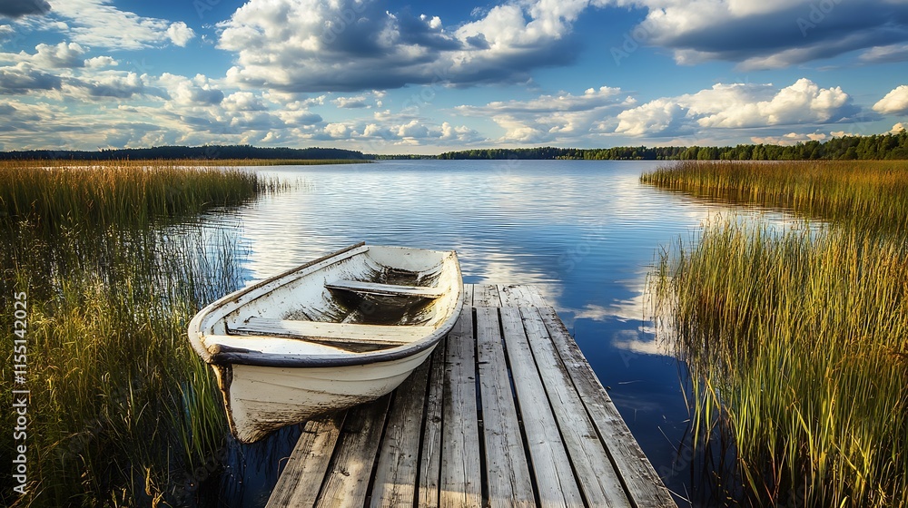 Rowboat on Wooden Dock at Calm Lake Rowboat on Wooden Dock at Calm Lake