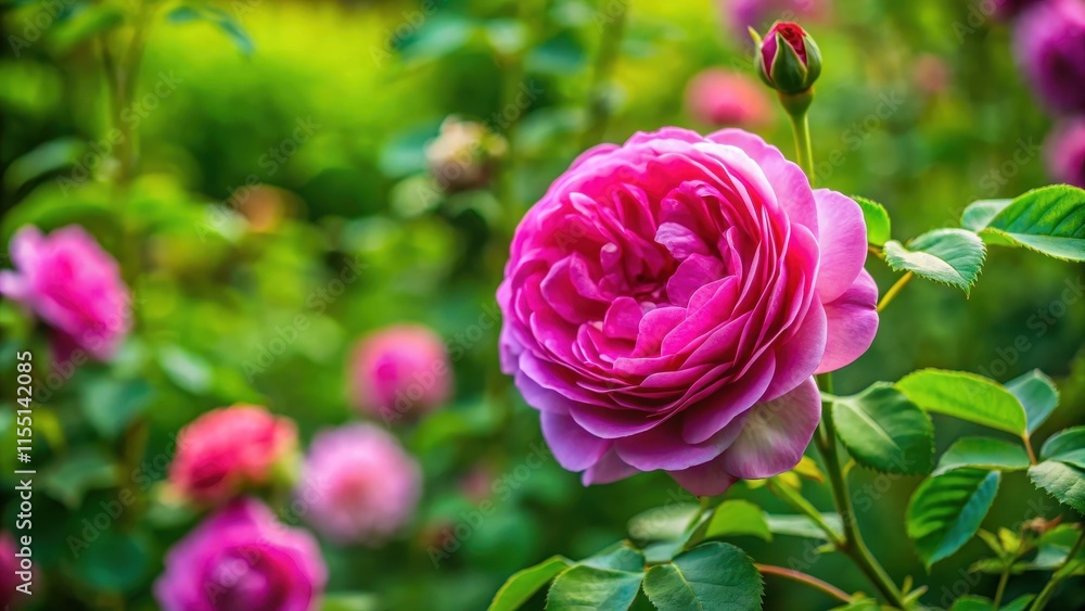 A single damask rose flower with its petals slightly curved and facing downwards in a lush green garden surrounded by other flowers, bloom, nature A single damask rose flower with its petals slightly curved and facing downwards in a lush green garden surrounded by other flowers, bloom, nature