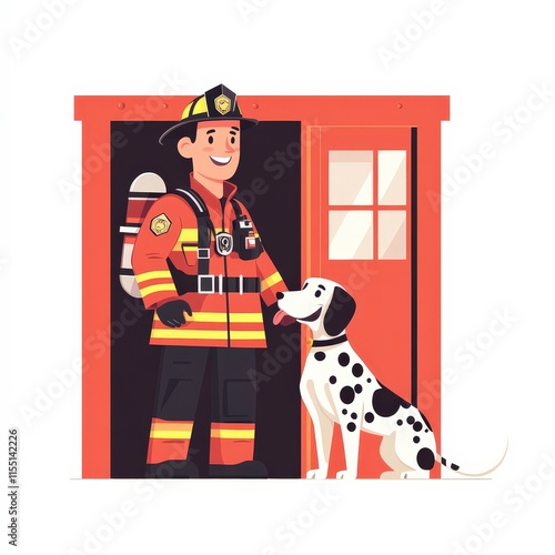 Firefighter and Dalmatian Illustration Fire Station Cartoon Standard View