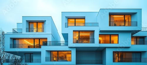 Modern architectural design featuring multiple residential units with illuminated windows.