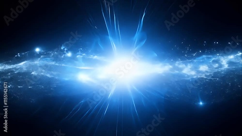 Bright electric energy surge with glowing particles, pulsing and expanding in a dark background