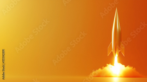 A rocket taking off against an orange packground. photo