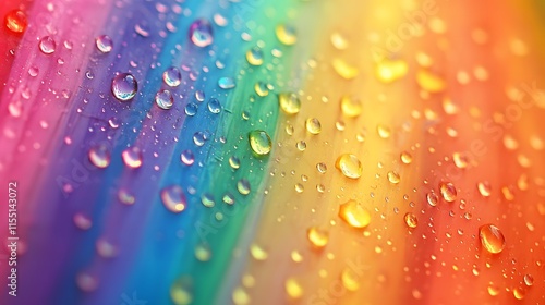A close-up of colorful droplets on a rainbow background, showcasing vibrant hues.