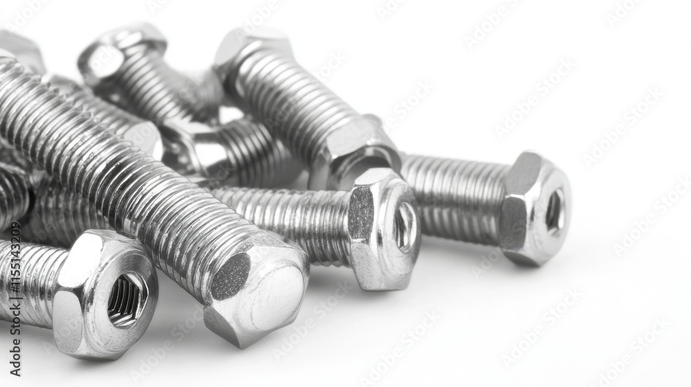 Close-up of shiny metal bolts and nuts arranged casually on a white background. Close-up of shiny metal bolts and nuts arranged casually on a white background.