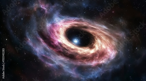 Colorful swirling nebula surrounding a black hole.