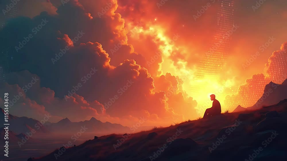 A serene figure sits against a vibrant sunset, surrounded by dramatic clouds and mountains. A serene figure sits against a vibrant sunset, surrounded by dramatic clouds and mountains.