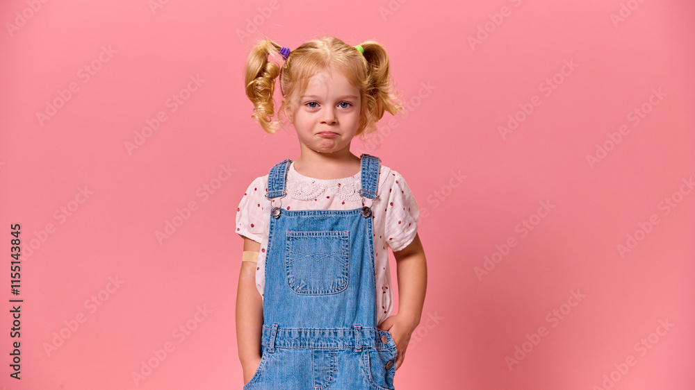 Cute, little girl shows tearful expression, looking at camera with bandage on arm, against pastel pink background. Concept of healthcare, protection, immunity, prevention. Cute, little girl shows tearful expression, looking at camera with bandage on arm, against pastel pink background. Concept of healthcare, protection, immunity, prevention.