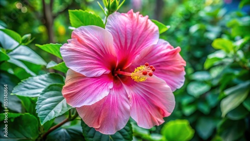 Large pink hibiscus flower with white and yellow center in a tropical garden, nature, bloom