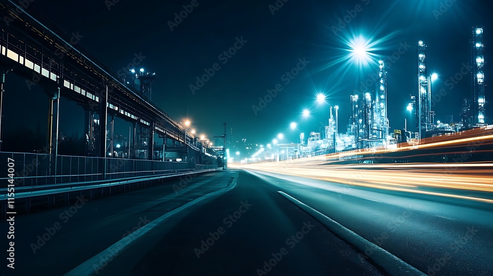Industrial Highway at Night. Concept of modern industry, transportation, and urban development. Industrial Highway at Night. Concept of modern industry, transportation, and urban development.
