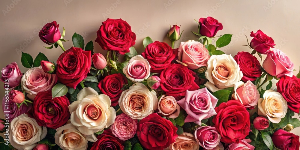 A lush arrangement of red and pink roses in a modern floral pattern against a neutral colored background, creating a striking visual effect , modern, florals A lush arrangement of red and pink roses in a modern floral pattern against a neutral colored background, creating a striking visual effect , modern, florals