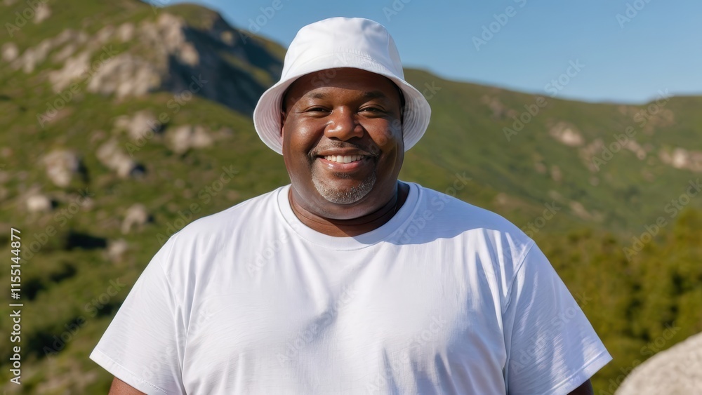Plus size black man wearing white t-shirt and white bucket hat standing on a mountain Plus size black man wearing white t-shirt and white bucket hat standing on a mountain