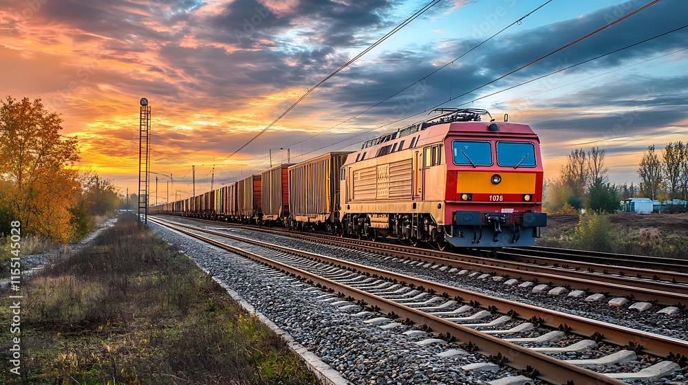 Fototapeta premium Freight train at sunset. Concept of logistics, transportation, and cargo.