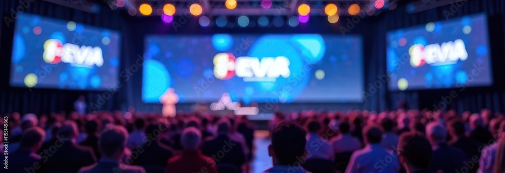 Fototapeta premium innovation, technology events or corporate presentation. tech conference stage featuring large screen and seated audience, blurred banner background with copy space.