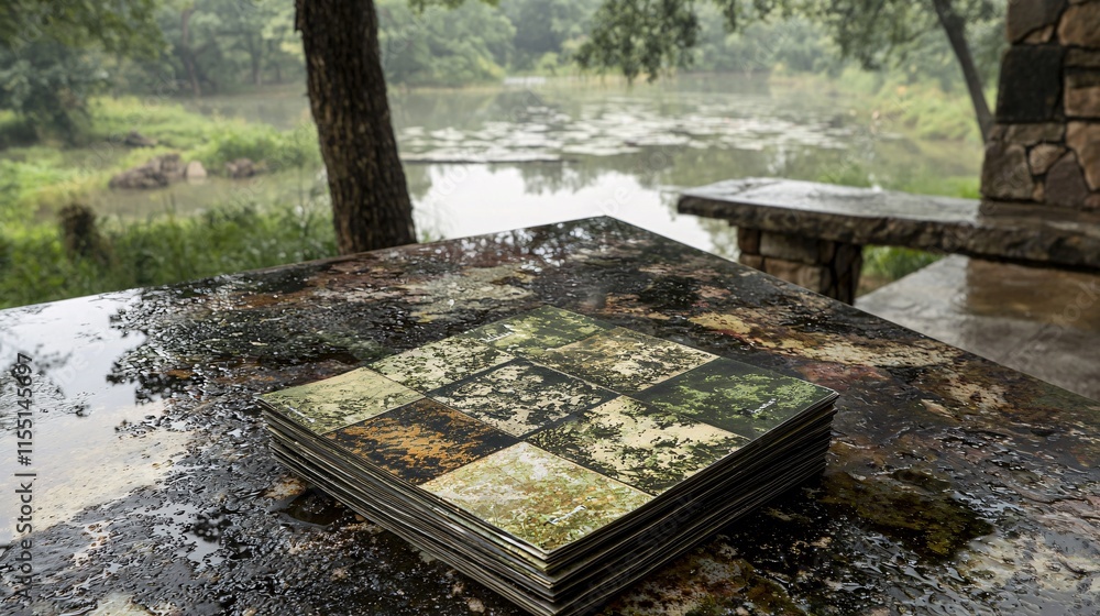 Rainy Day Reflection with Tiles on Table by Serene Lake View Rainy Day Reflection with Tiles on Table by Serene Lake View