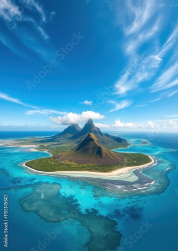 Aerial view of tropical island paradise, majestic volcanic mountain peaks, turquoise lagoon, white sandy beaches, crystal clear blue ocean, wispy cirrus clouds, stunning coastline, lush green vegetati photo