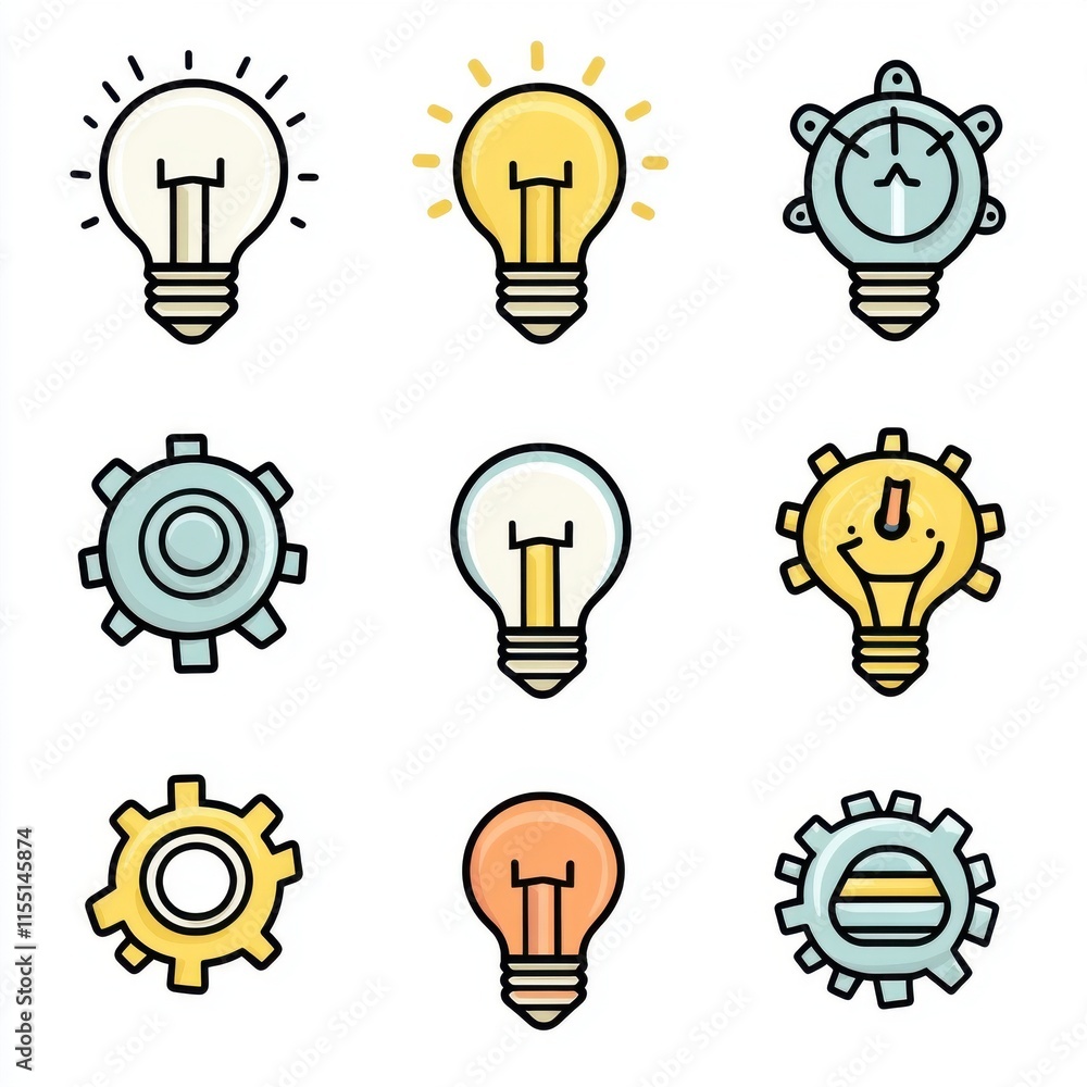 Illustration of colorful light bulbs and gears, representing ideas and innovation. Illustration of colorful light bulbs and gears, representing ideas and innovation.