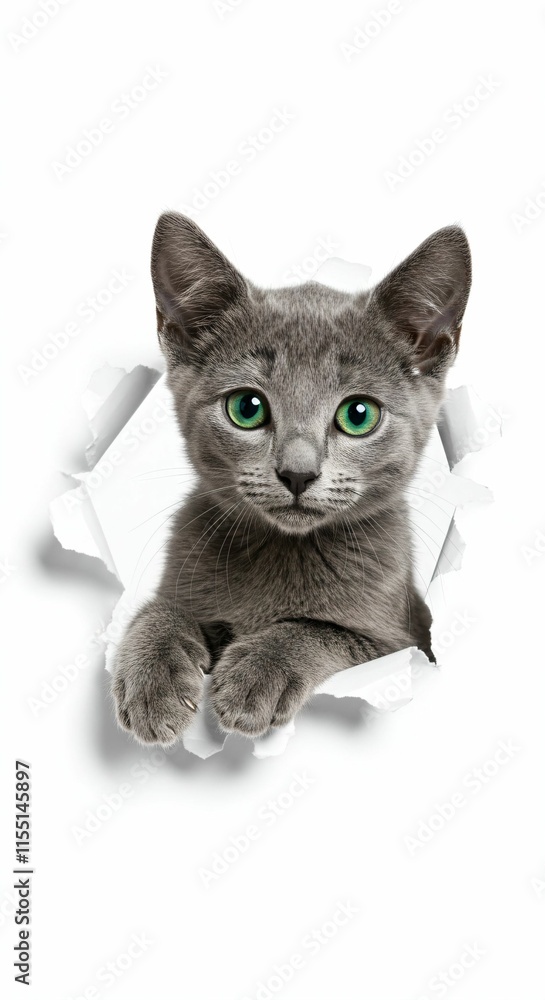 Obraz premium Charming Russian Blue Kitten Poking Through Torn Paper with Vibrant Green Eyes - Stylish and Minimalistic Design