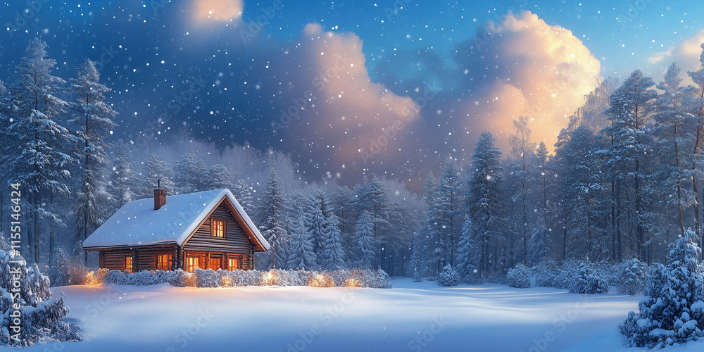 Naklejka premium Winter Seasonal Landscape Snowy Trees Foreground