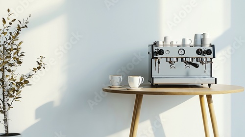 Espresso machine on wooden table with coffee cups.