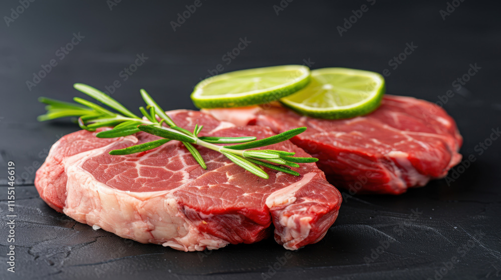 A close-up view of two ribeye steaks with vibrant marbling, garnished with fresh rosemary and lime slices, set on a black surface for a rich and gourmet presentation.
A close-up view of two ribeye steaks with vibrant marbling, garnished with fresh rosemary and lime slices, set on a black surface for a rich and gourmet presentation.