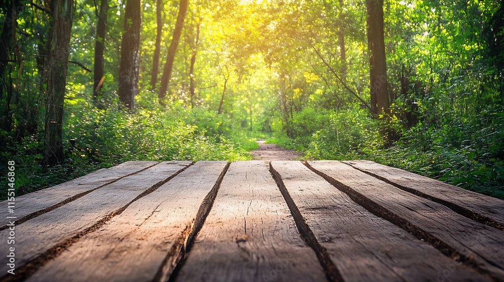Fototapeta premium Wooden path in a sunny forest. Nature trail concept.