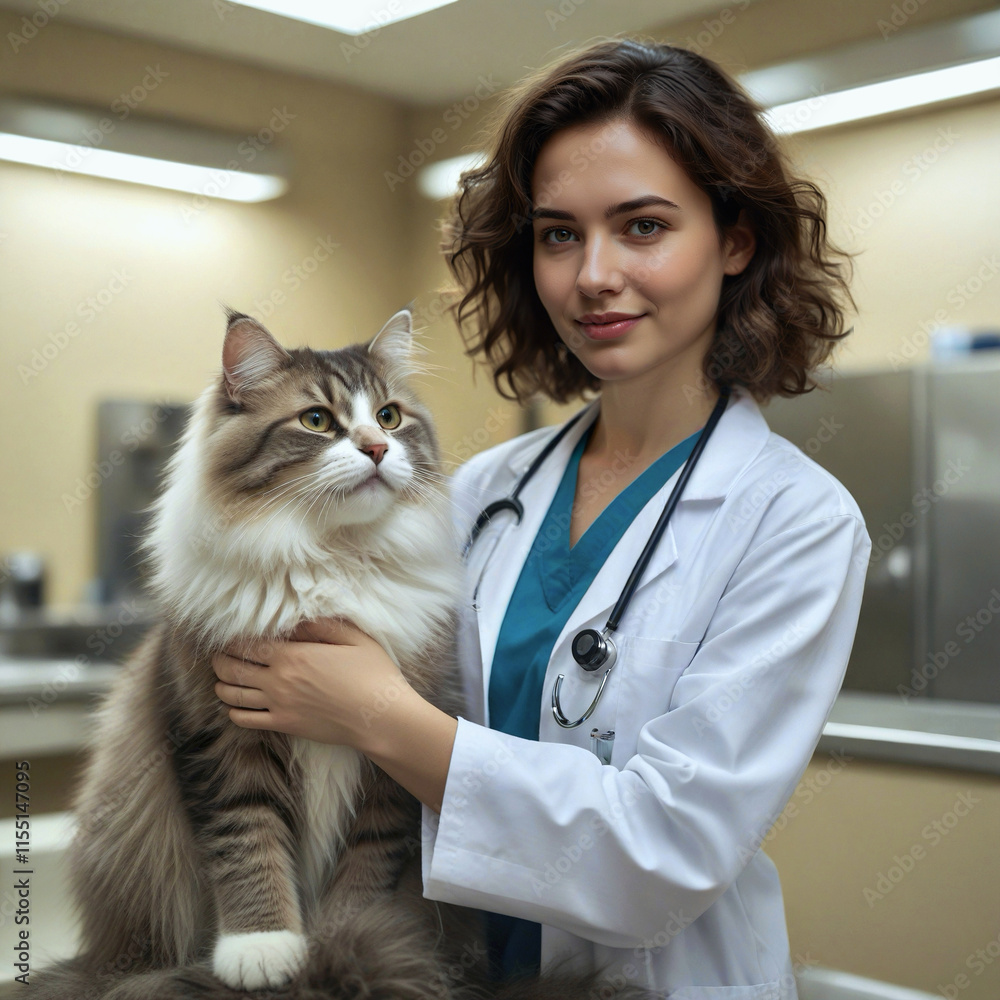 Young female veterinarian holding large Siberian cat in the vet clinic office Young female veterinarian holding large Siberian cat in the vet clinic office
