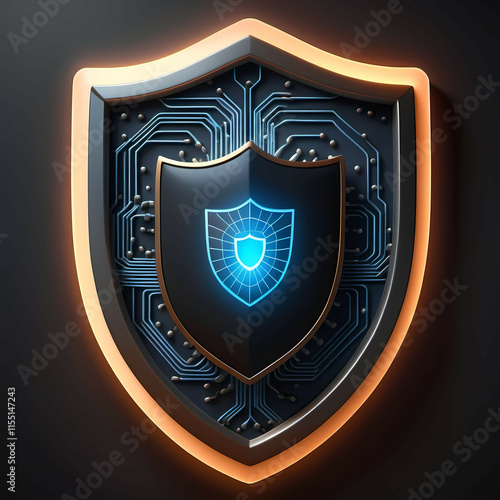 A 3D shield surrounded by glowing network nodes, Cybersecurity, Data Privacy. Generative AI photo