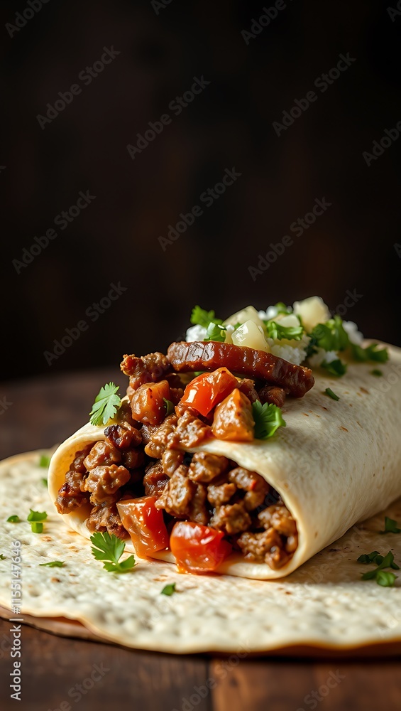 Traditional Mexican food, Beef burritos with meat and beans with vegetable Traditional Mexican food, Beef burritos with meat and beans with vegetable