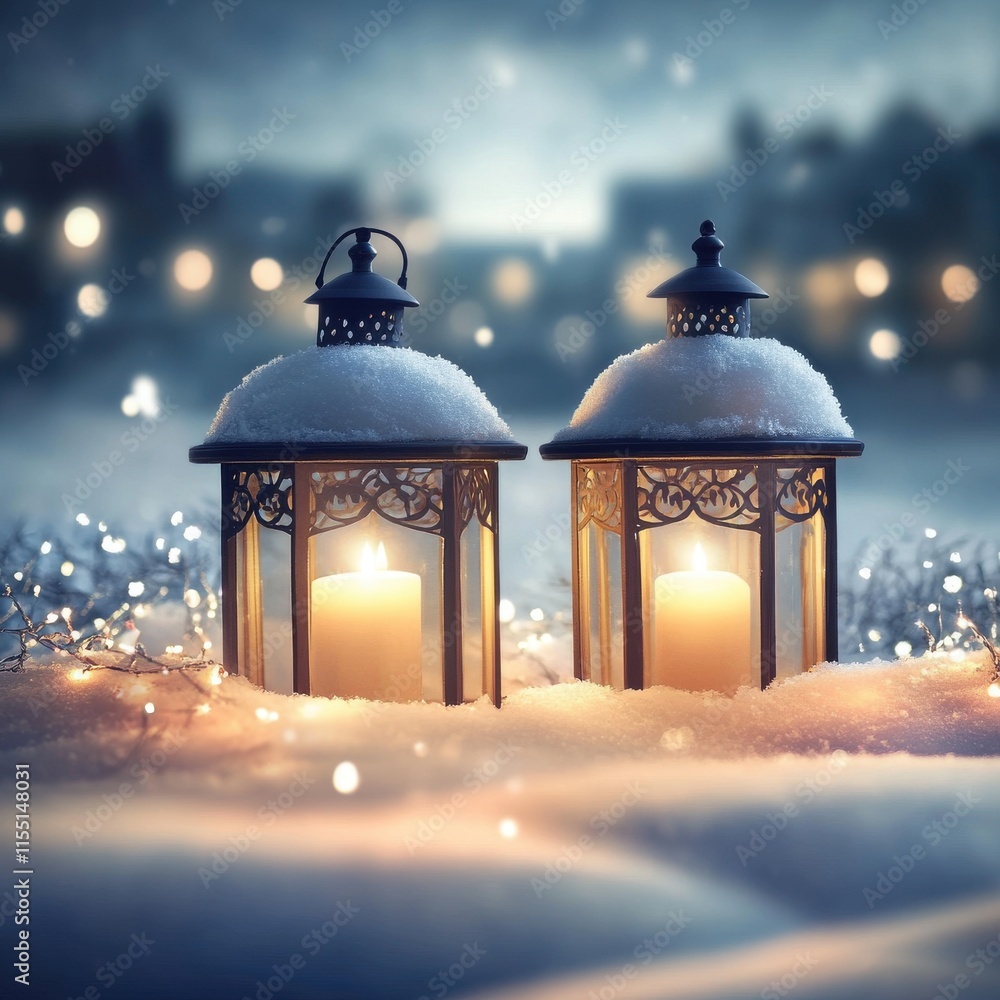 Two elegant lanterns with candles surrounded by snow, creating a warm ambiance in a winter landscape. Two elegant lanterns with candles surrounded by snow, creating a warm ambiance in a winter landscape.