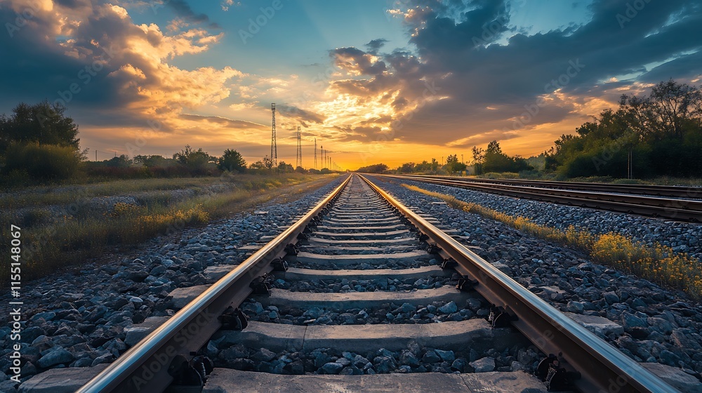 Fototapeta premium Sunset over Railroad Tracks. Concept of journey, transportation, and travel.