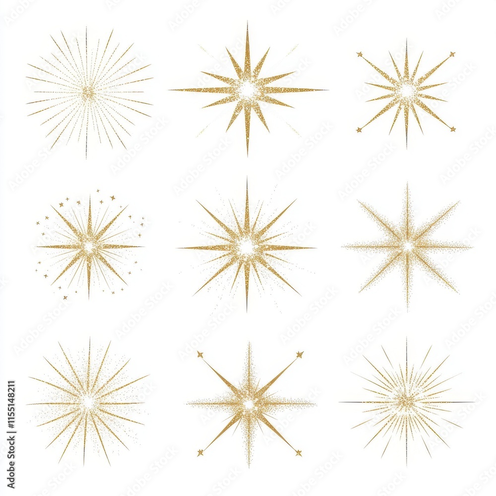 Fototapeta premium Nine golden starburst designs bring a festive and elegant touch to any celebration.