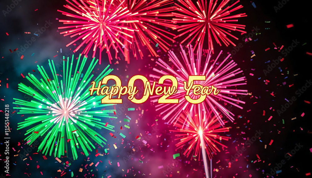 Naklejka premium A golden Happy New Year 2025 text with fireworks and confetti in the background, New Year celebration, banner, poster, template, created with generative ai