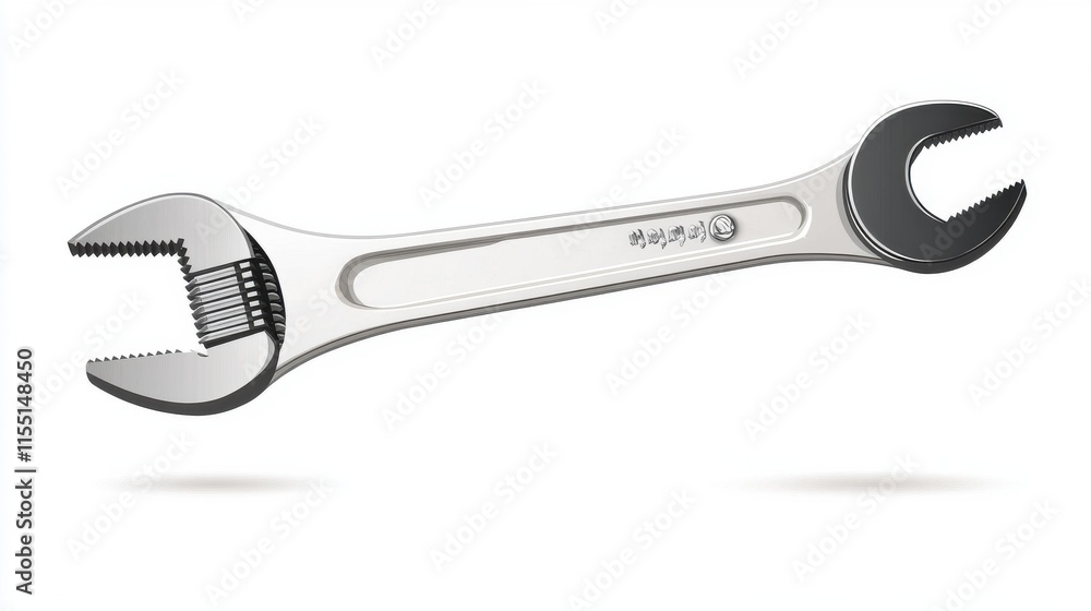 A metallic adjustable wrench with a shiny finish on a clean white background. A metallic adjustable wrench with a shiny finish on a clean white background.