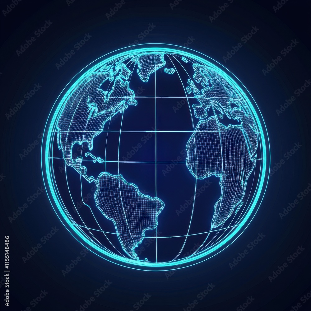 Naklejka premium A digital 3D illustration of a glowing blue globe, showcasing wireframe details of continents against a dark background.