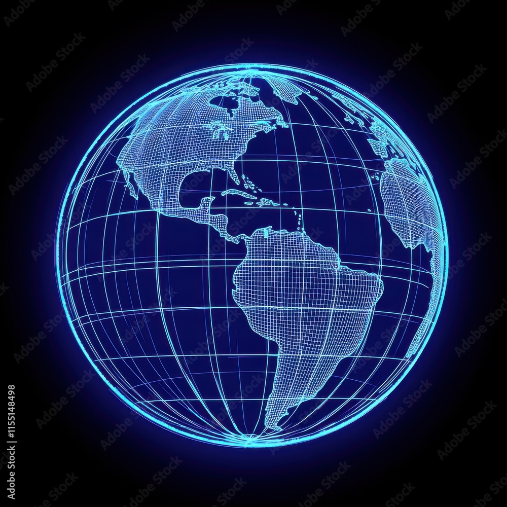 A glowing blue digital globe showcasing the Americas in a high-tech wireframe design. A glowing blue digital globe showcasing the Americas in a high-tech wireframe design.
