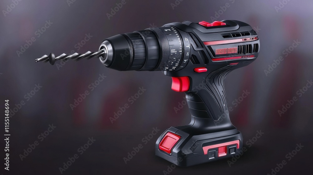 A powerful black and red cordless drill with a metallic drill bit, showcasing its ergonomic design. A powerful black and red cordless drill with a metallic drill bit, showcasing its ergonomic design.