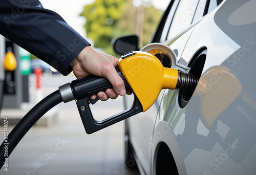 Refueling a car at a gas station with a nozzle in hand.