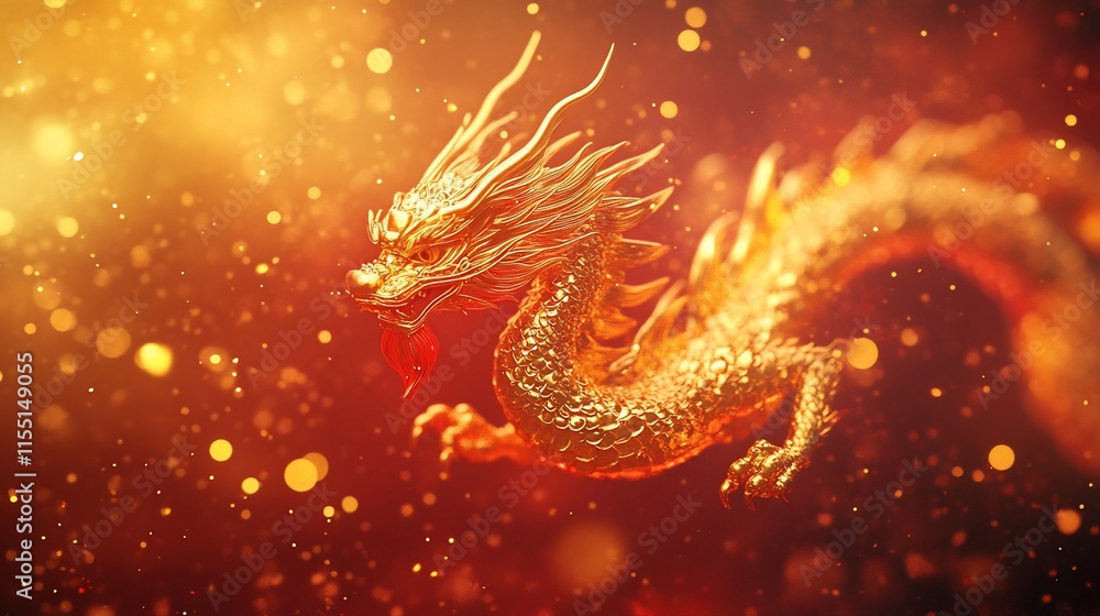Fototapeta premium Golden dragon figurine against a fiery orange background with glittering bokeh.
