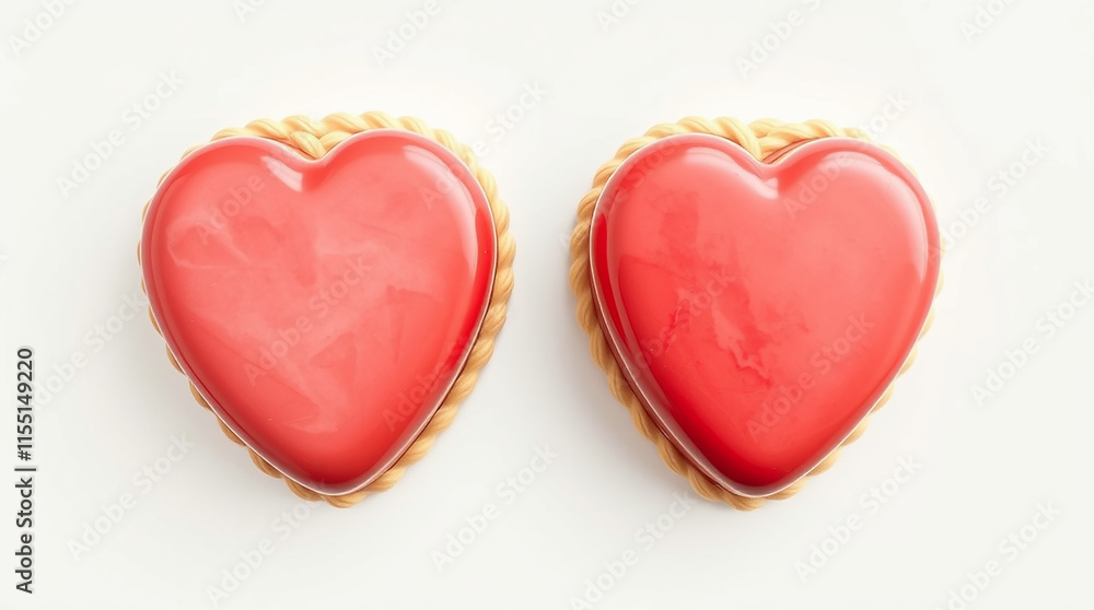 Two heart shaped red dessert pastries. Valentine's Day treat, love, and romance concept. Two heart shaped red dessert pastries. Valentine's Day treat, love, and romance concept.