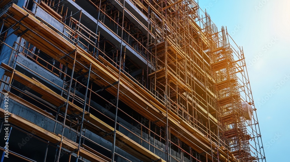 A modern construction site with scaffolding capturing the sun's warm glow against the building. A modern construction site with scaffolding capturing the sun's warm glow against the building.