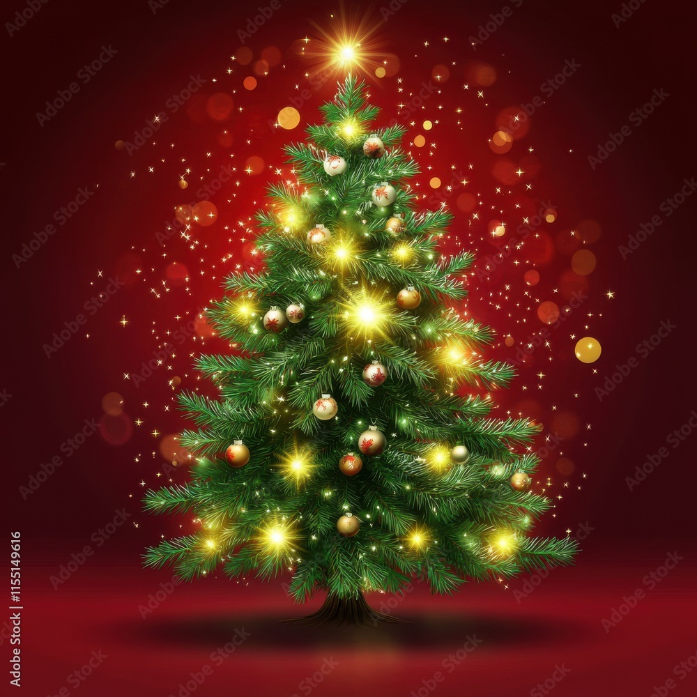 A beautifully decorated Christmas tree glowing with lights and ornaments against a rich red background. A beautifully decorated Christmas tree glowing with lights and ornaments against a rich red background.