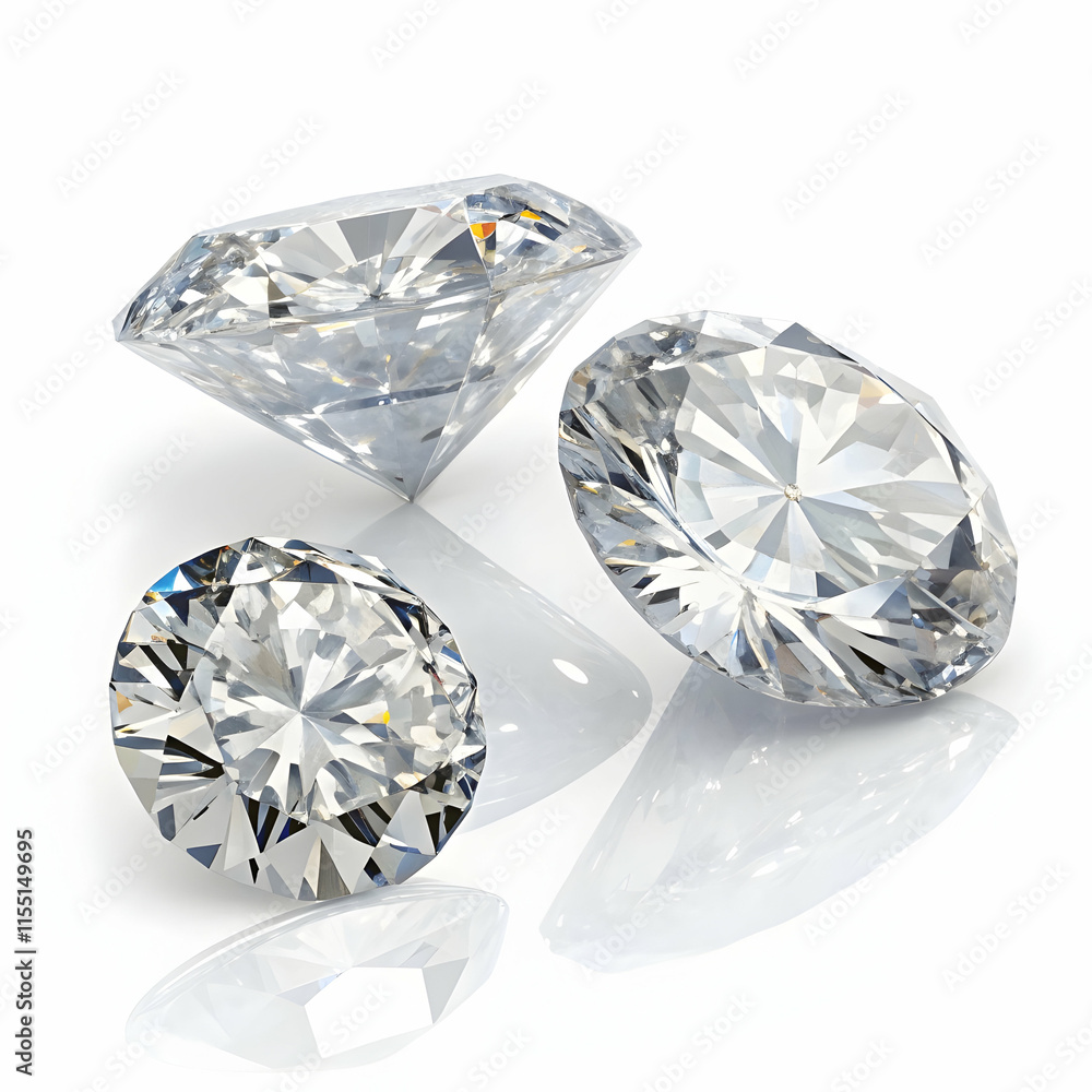 Brilliant Dazzling Diamonds Three Sparkling Gems, White Background Brilliant Dazzling Diamonds Three Sparkling Gems, White Background