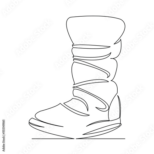 One continuous single drawing line art flat doodle boot, fashion, cold, shoe, object, warm, snow. Isolated image hand draw contour on a white background
