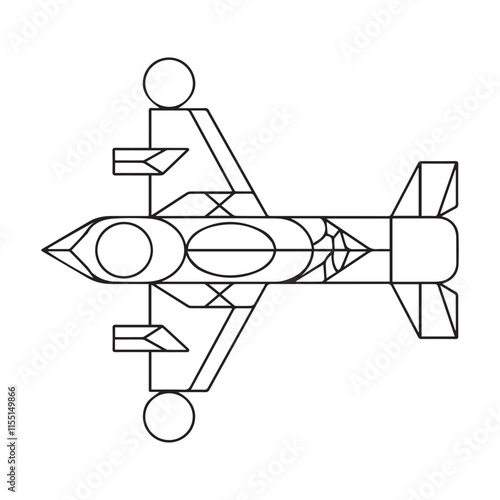 Aircraft Coloring Page. Cartoon Jet Fighter Outline Design. A military airplane is isolated on a white background.