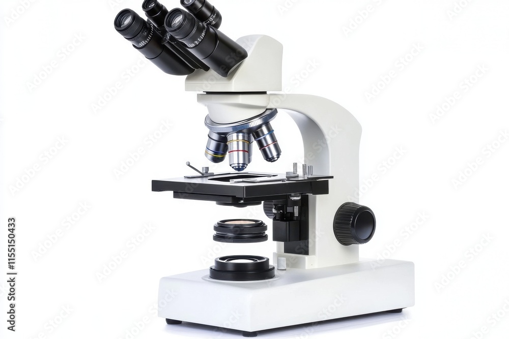 A modern laboratory microscope showcasing advanced optics and precision engineering in a bright, minimalist setting. A modern laboratory microscope showcasing advanced optics and precision engineering in a bright, minimalist setting.