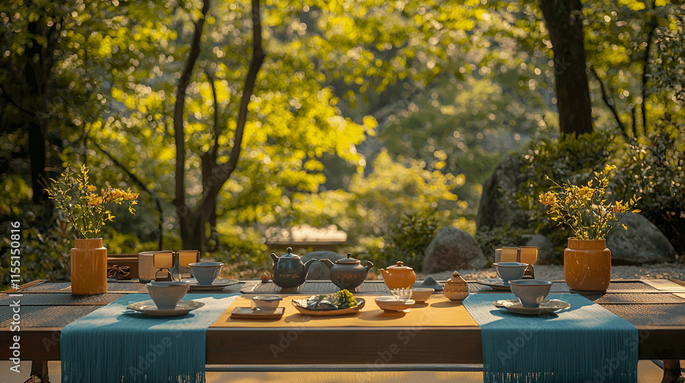 Fototapeta premium Serene outdoor tea ceremony setup with teaware on wooden table, lush green garden background.
